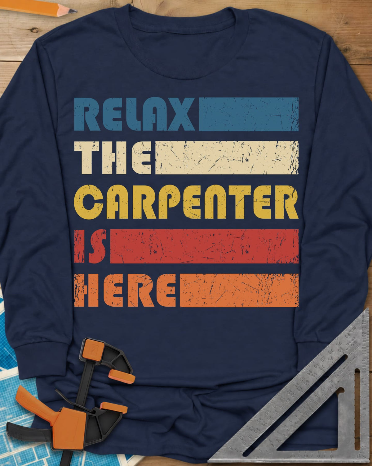 Carpenter is Here long sleeve shirt in Navy, retro stacked lettering with solid color bars in five colors