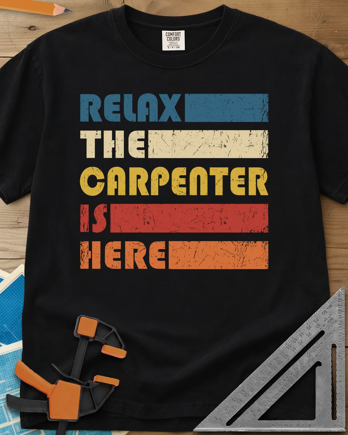 Carpenter is Here heavyweight tee in Black, retro stacked lettering with solid color bars in five colors