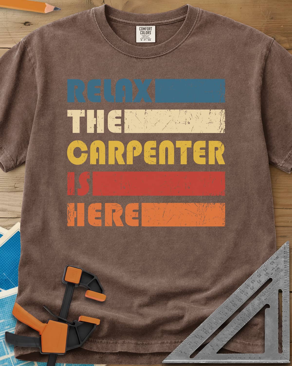 Carpenter is Here heavyweight tee in Espresso, retro stacked lettering with solid color bars in five colors