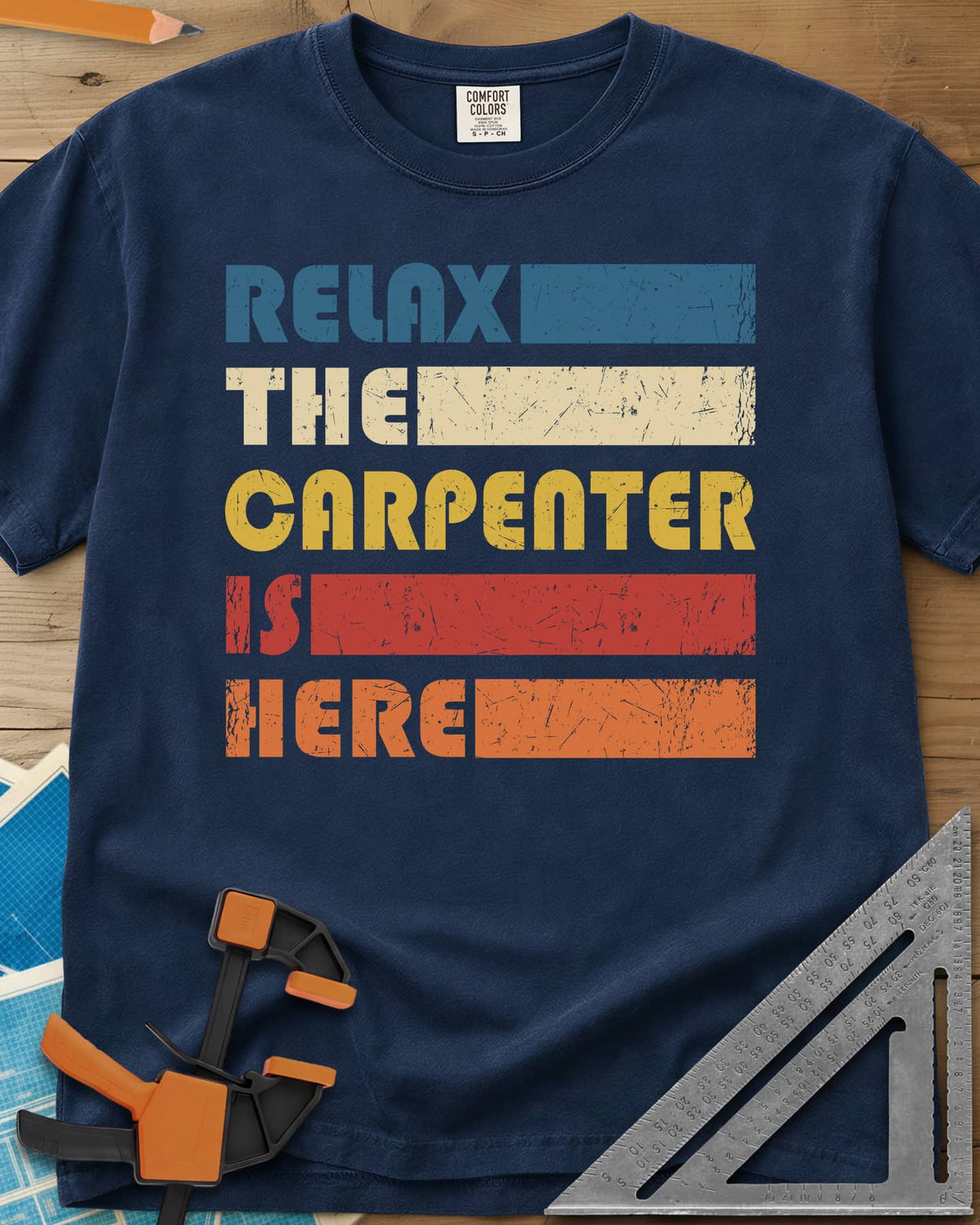 Carpenter is Here heavyweight tee in Navy, retro stacked lettering with solid color bars in five colors