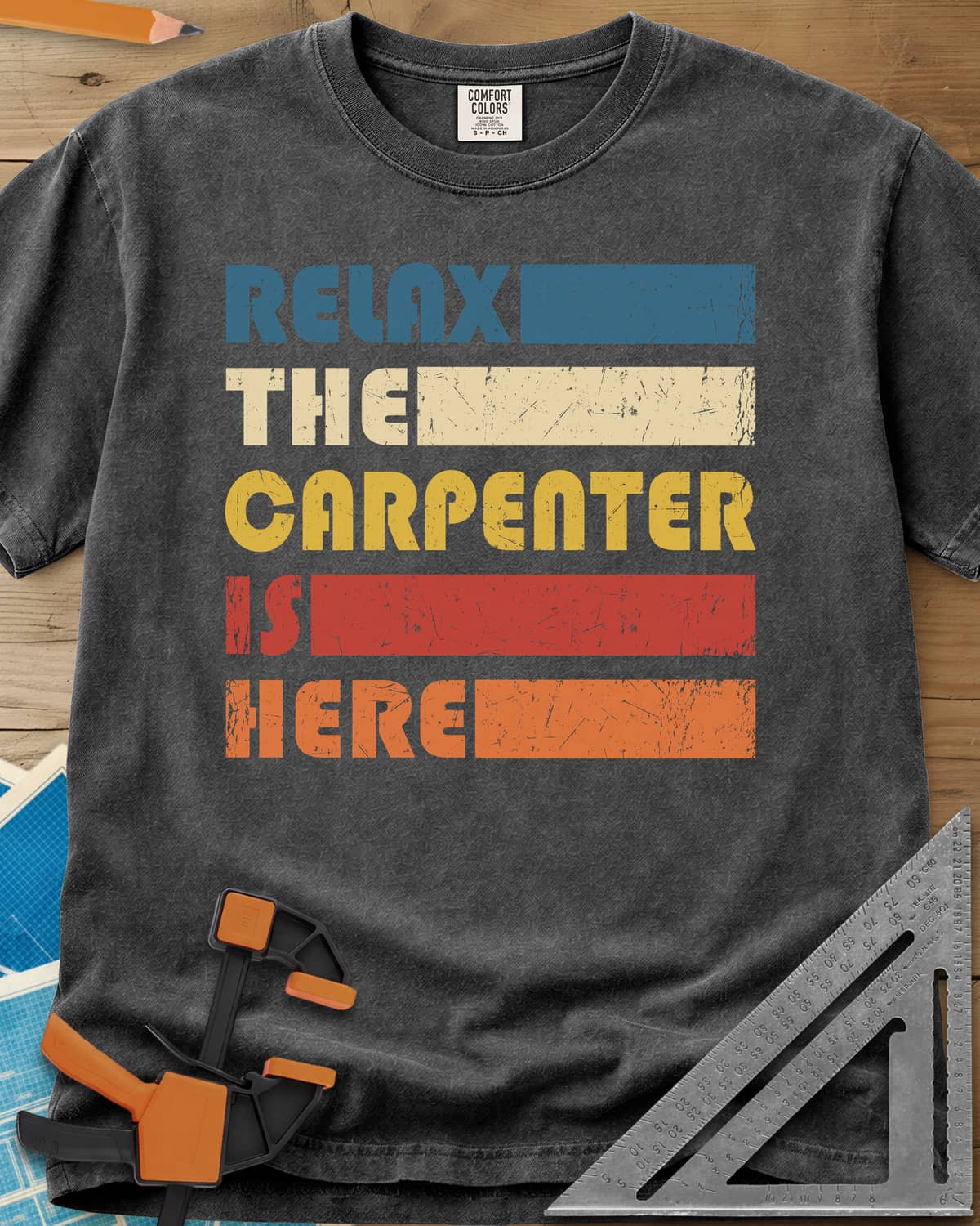 Carpenter is Here heavyweight tee in Pepper, retro stacked lettering with solid color bars in five colors