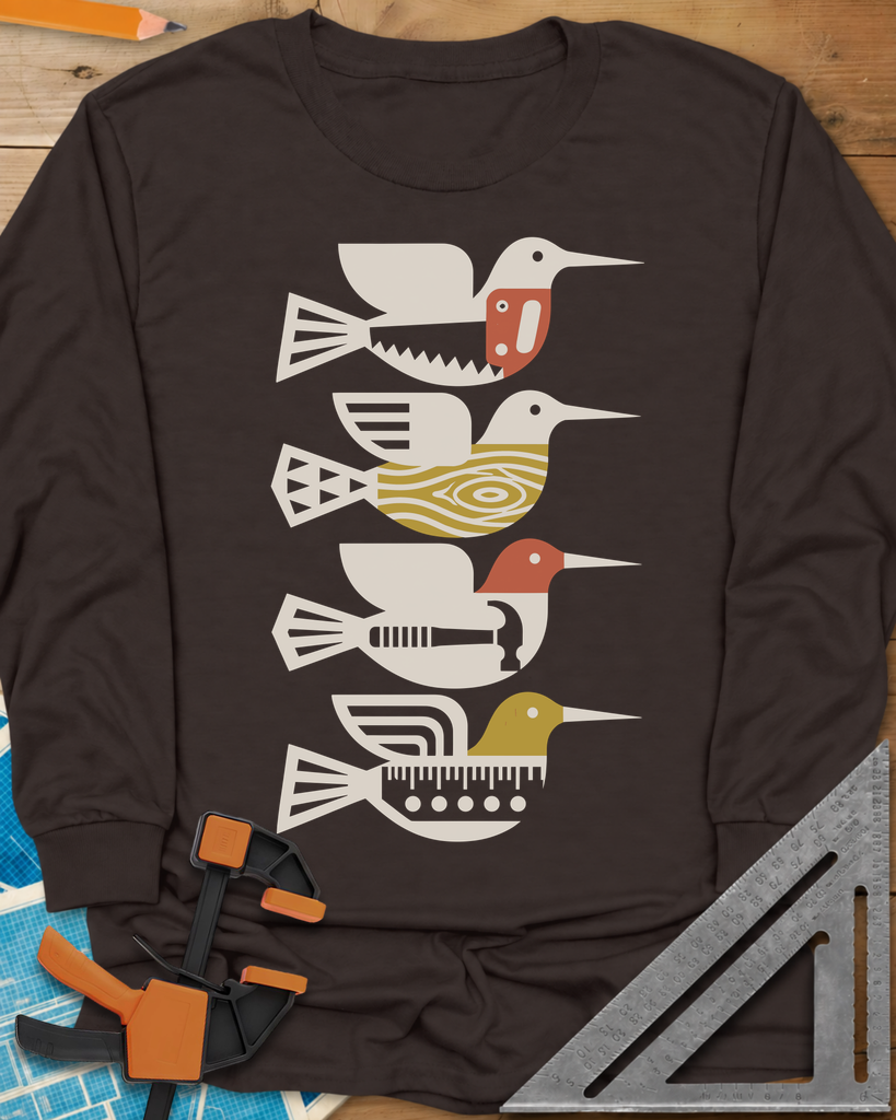 Woodworking Birds Long Sleeve Tee — dark_chocolate