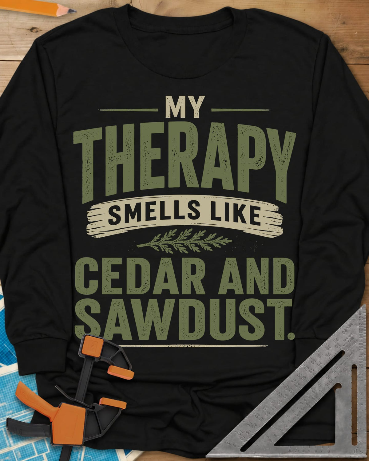 Cedar And Sawdust Therapy long sleeve shirt in Black, bold lettering with a brush-stroke banner and a cedar sprig
