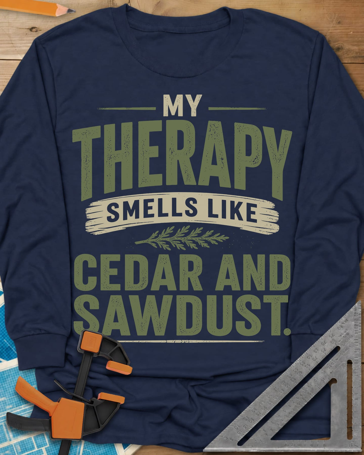 Cedar And Sawdust Therapy long sleeve shirt in Navy, bold lettering with a brush-stroke banner and a cedar sprig