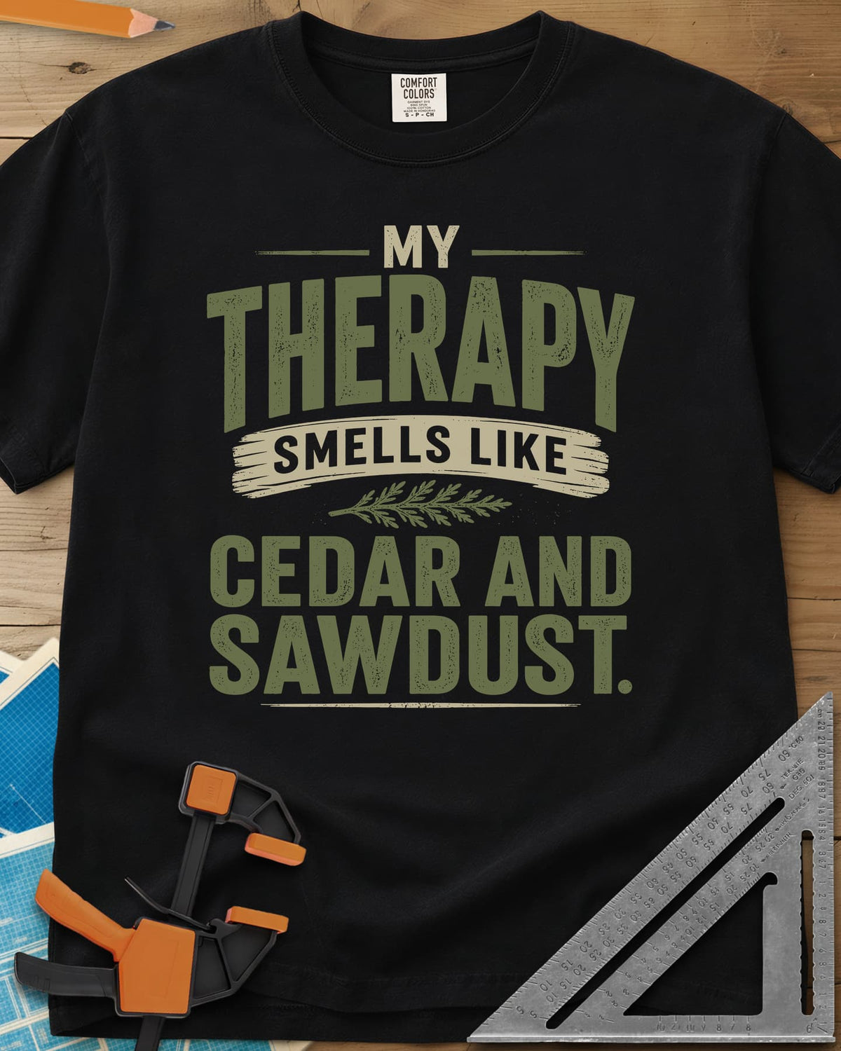 Cedar And Sawdust Therapy heavyweight tee in Black, bold lettering with a brush-stroke banner and a cedar sprig