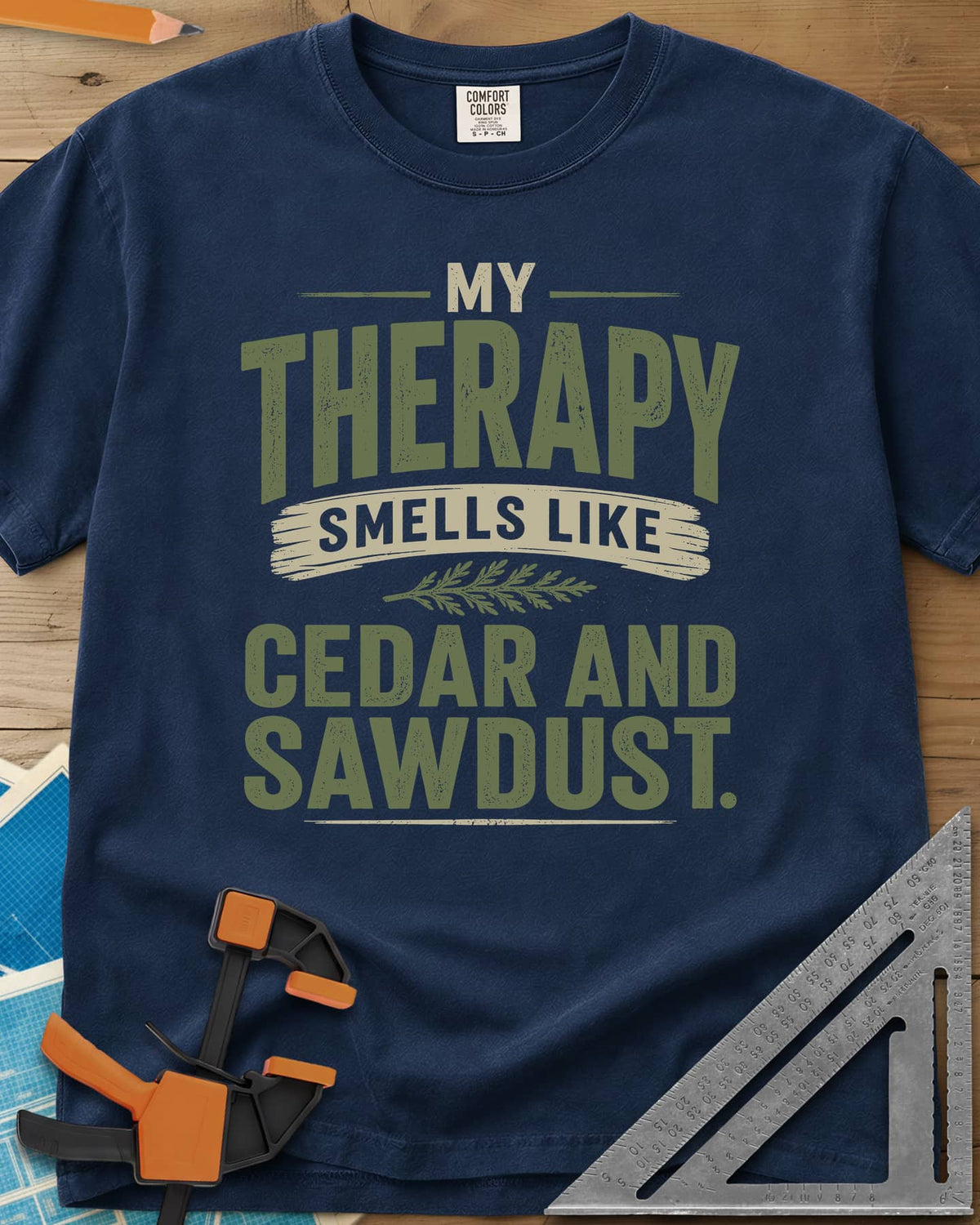 Cedar And Sawdust Therapy heavyweight tee in Navy, bold lettering with a brush-stroke banner and a cedar sprig