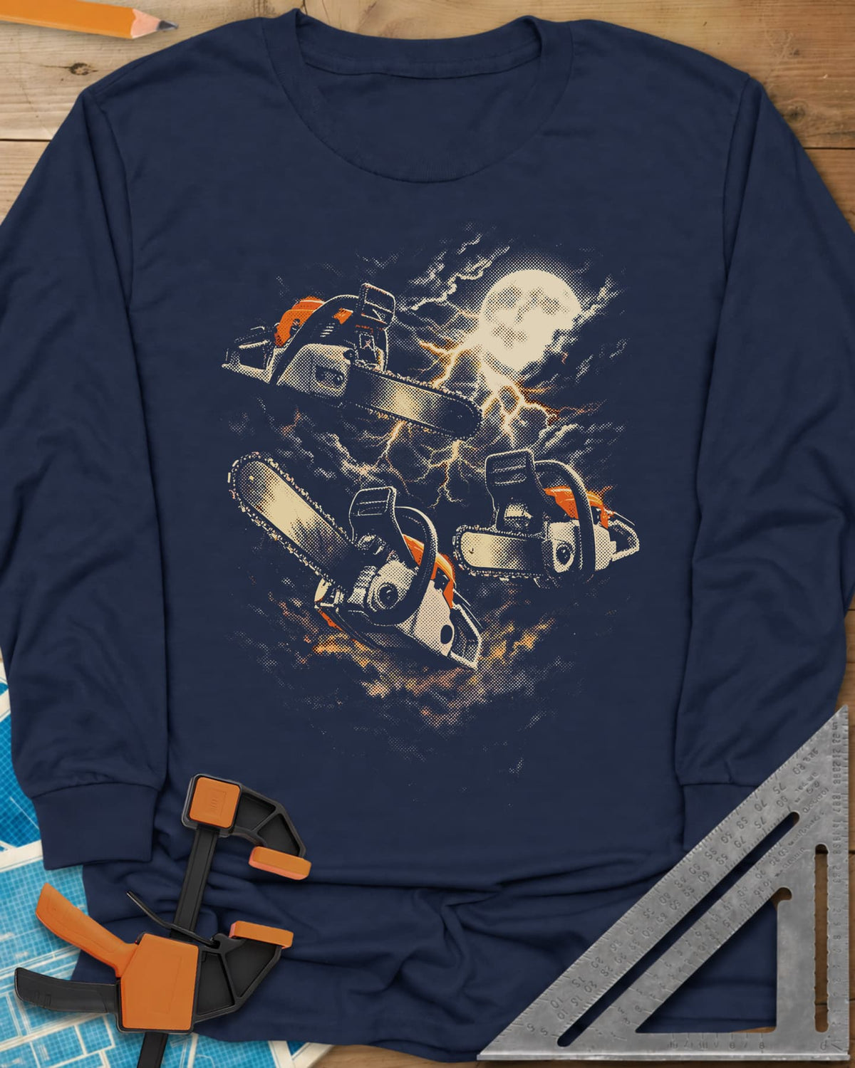 Chainsaw After Dark long sleeve shirt in Navy, three chainsaws floating under a full moon and lightning