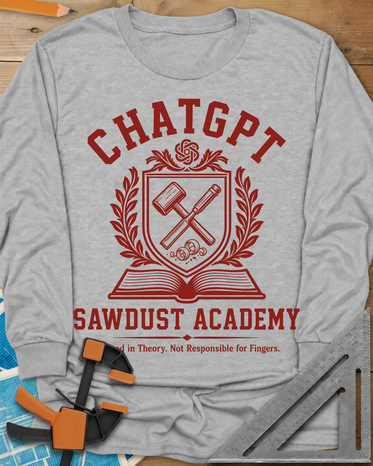 ChatGPT Sawdust Academy long sleeve shirt in Sport Grey, a college crest with a crossed mallet and chisel over an open book