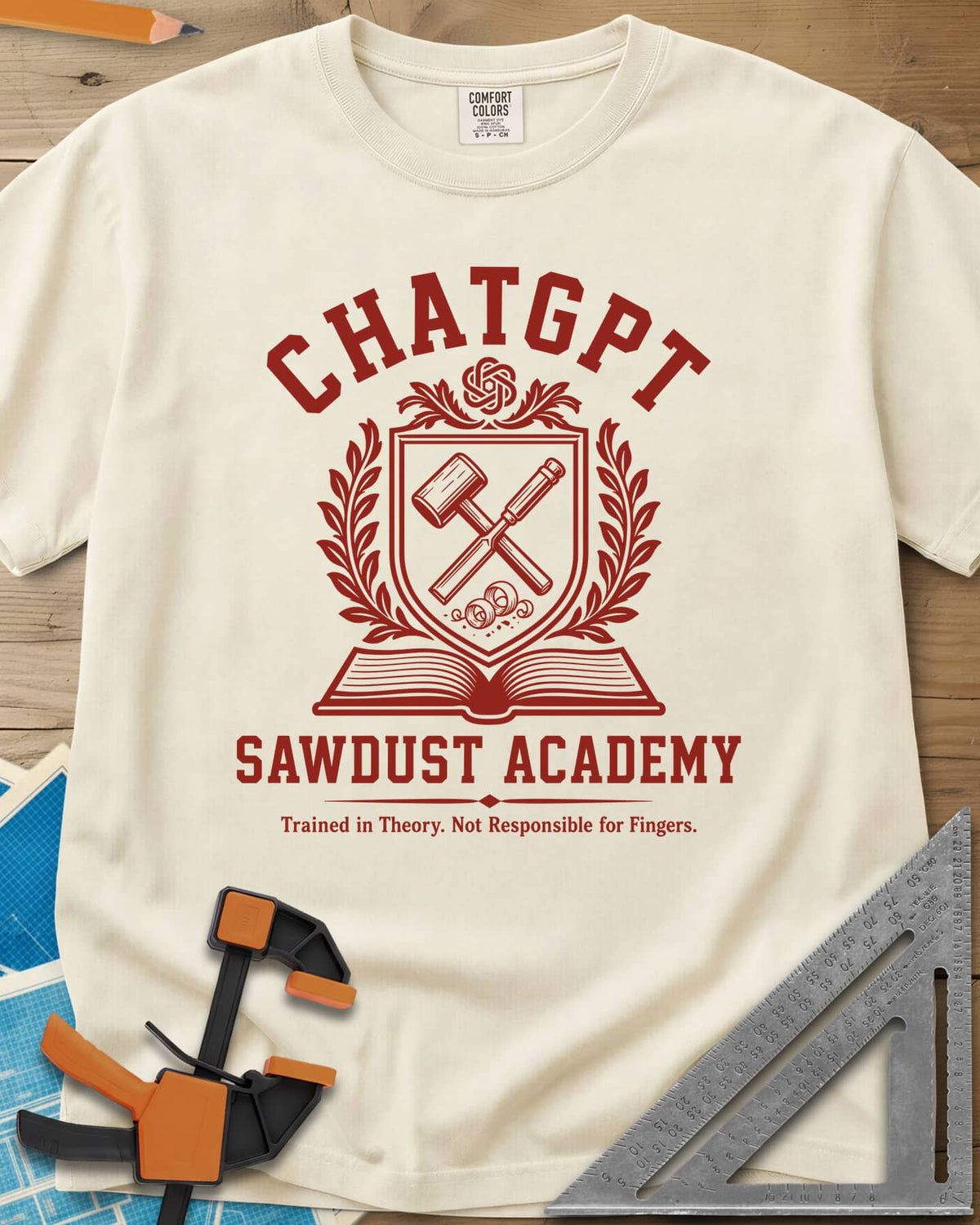 ChatGPT Sawdust Academy heavyweight tee in Ivory, a college crest with a crossed mallet and chisel over an open book