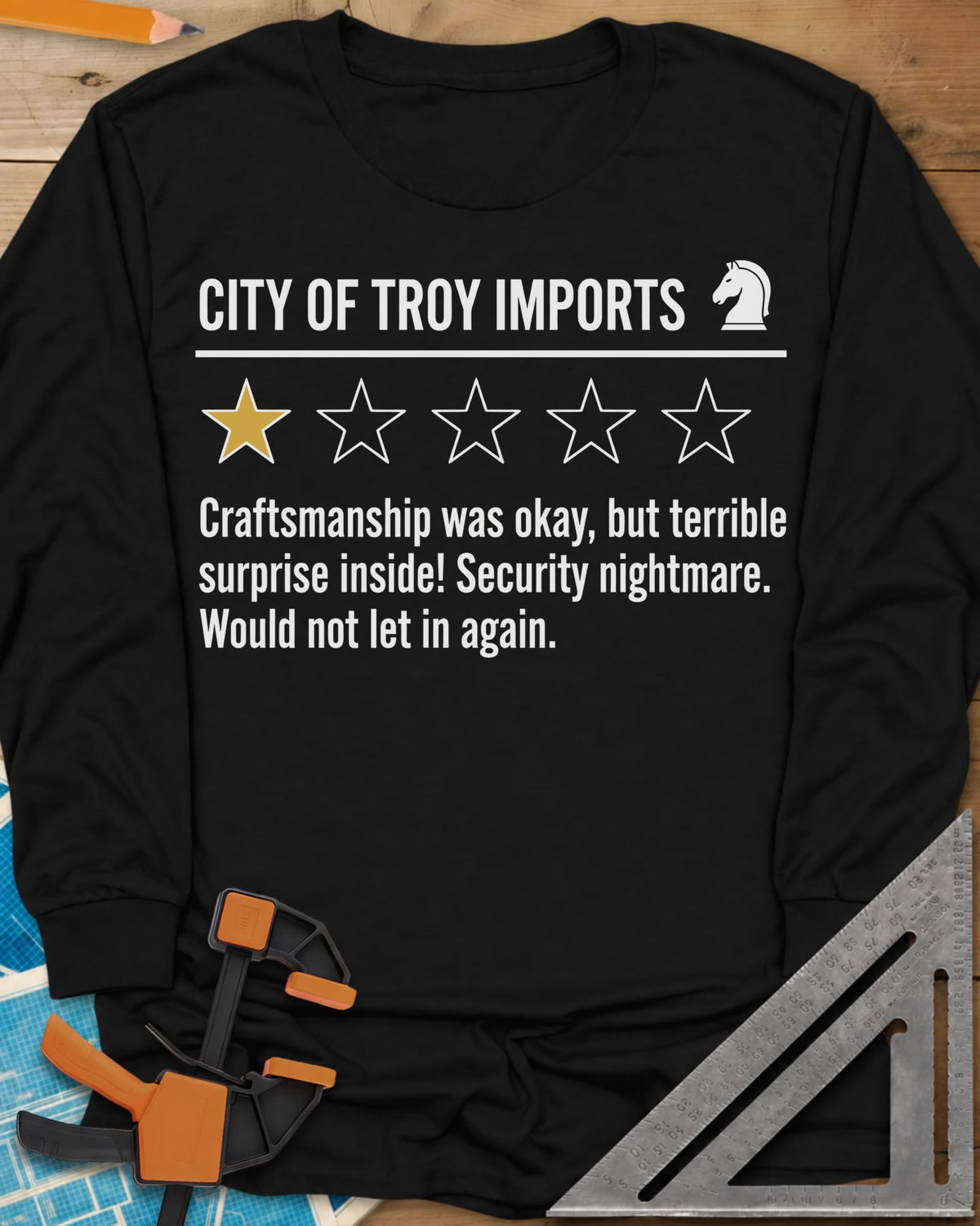City of Troy Imports long sleeve shirt in Black, a one-star product review with a horse-head chess piece icon