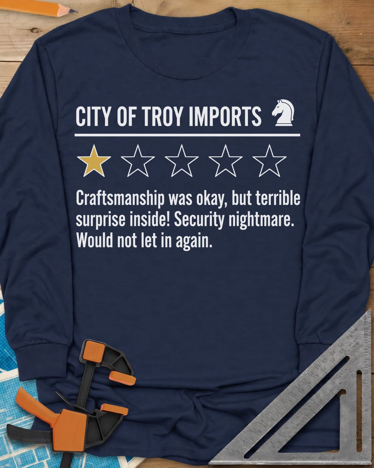 City of Troy Imports long sleeve shirt in Navy, a one-star product review with a horse-head chess piece icon