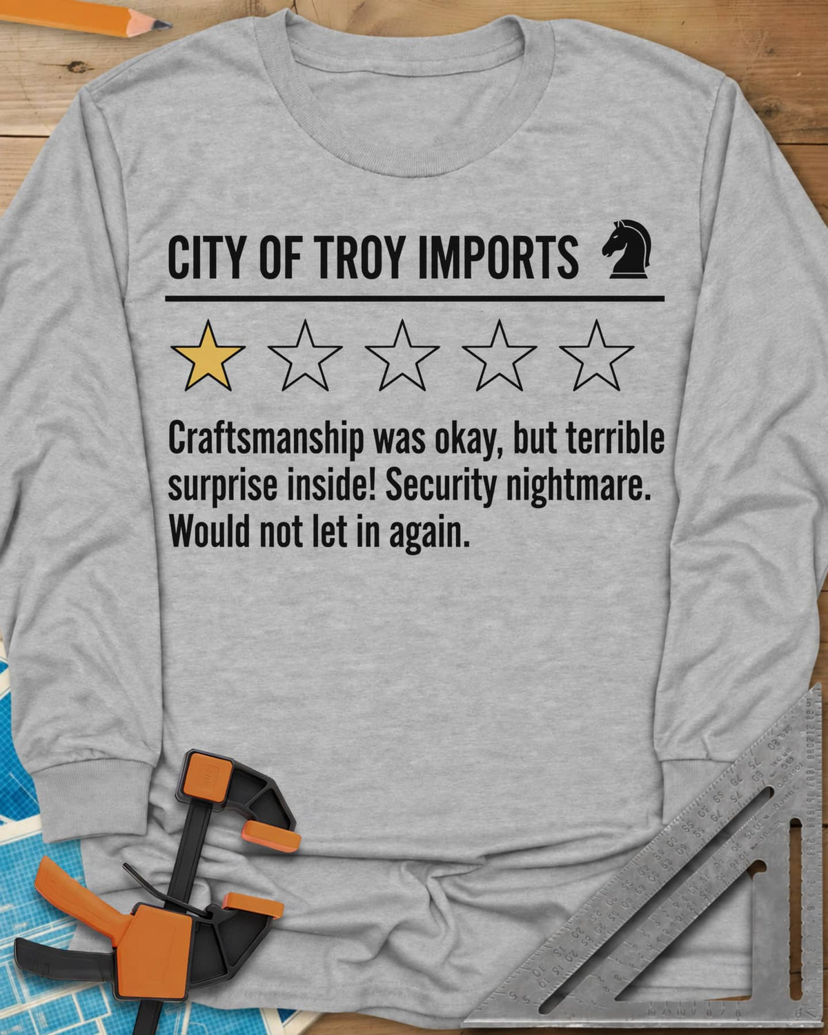 City of Troy Imports long sleeve shirt in Sport Grey, a one-star product review with a horse-head chess piece icon
