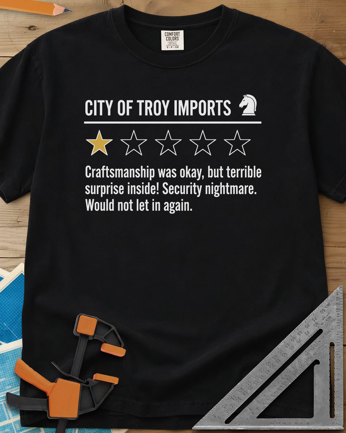 City of Troy Imports heavyweight tee in Black, a one-star product review with a horse-head chess piece icon