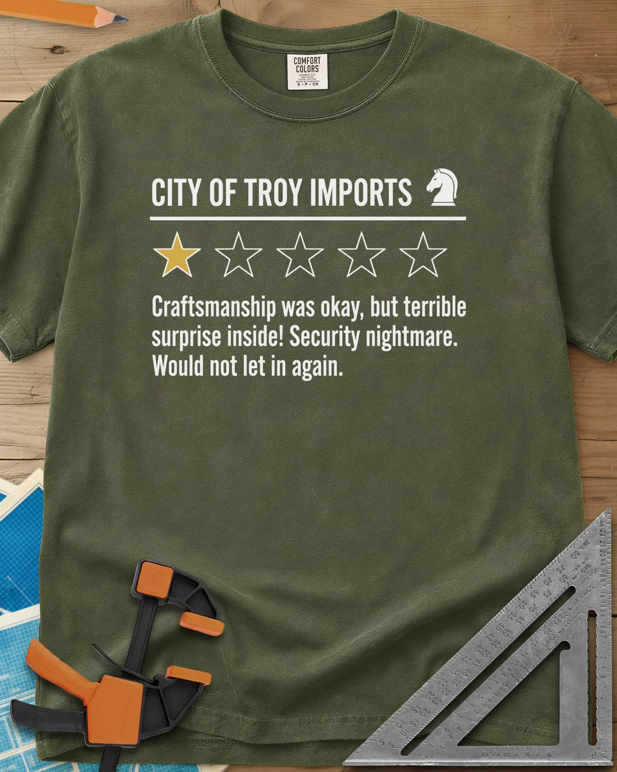 City of Troy Imports heavyweight tee in Hemp, a one-star product review with a horse-head chess piece icon