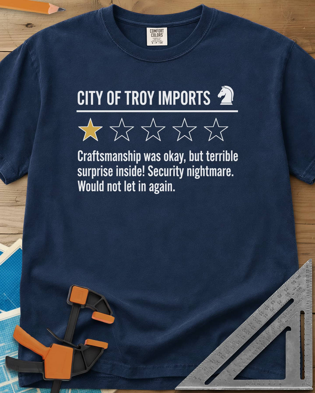City of Troy Imports heavyweight tee in Navy, a one-star product review with a horse-head chess piece icon