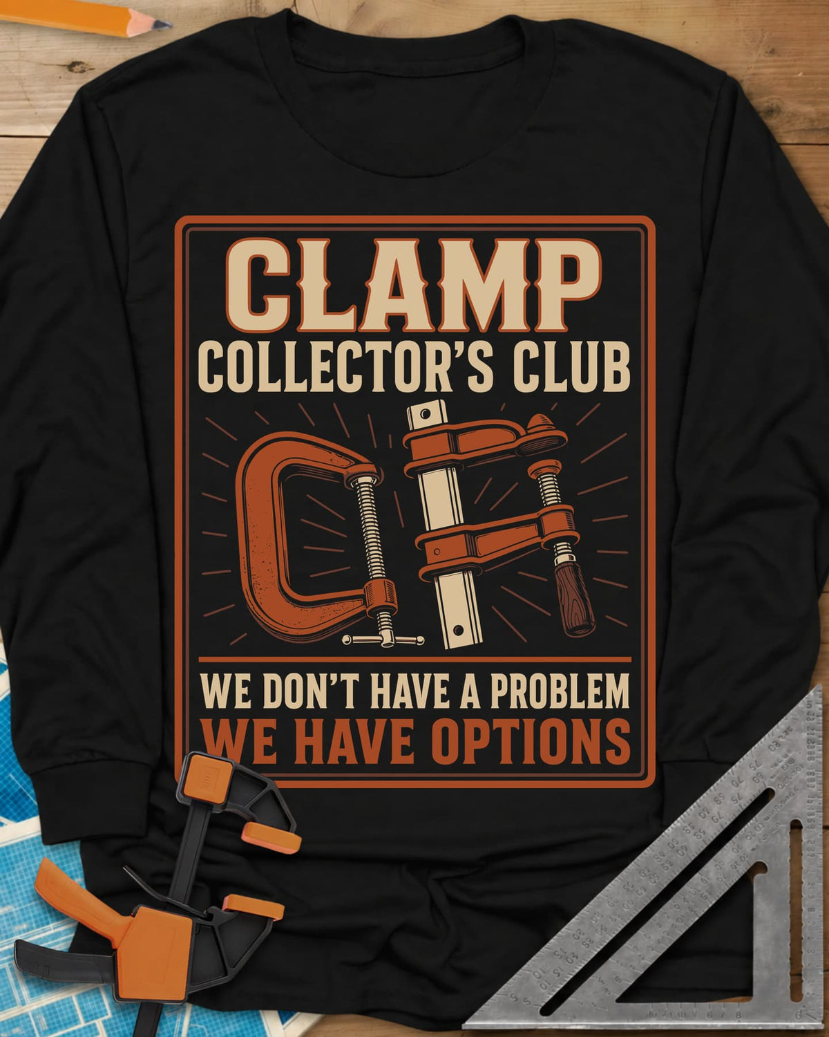 Clamp Collectors Options long sleeve shirt in Black, framed club badge with a rust C-clamp and a bar clamp