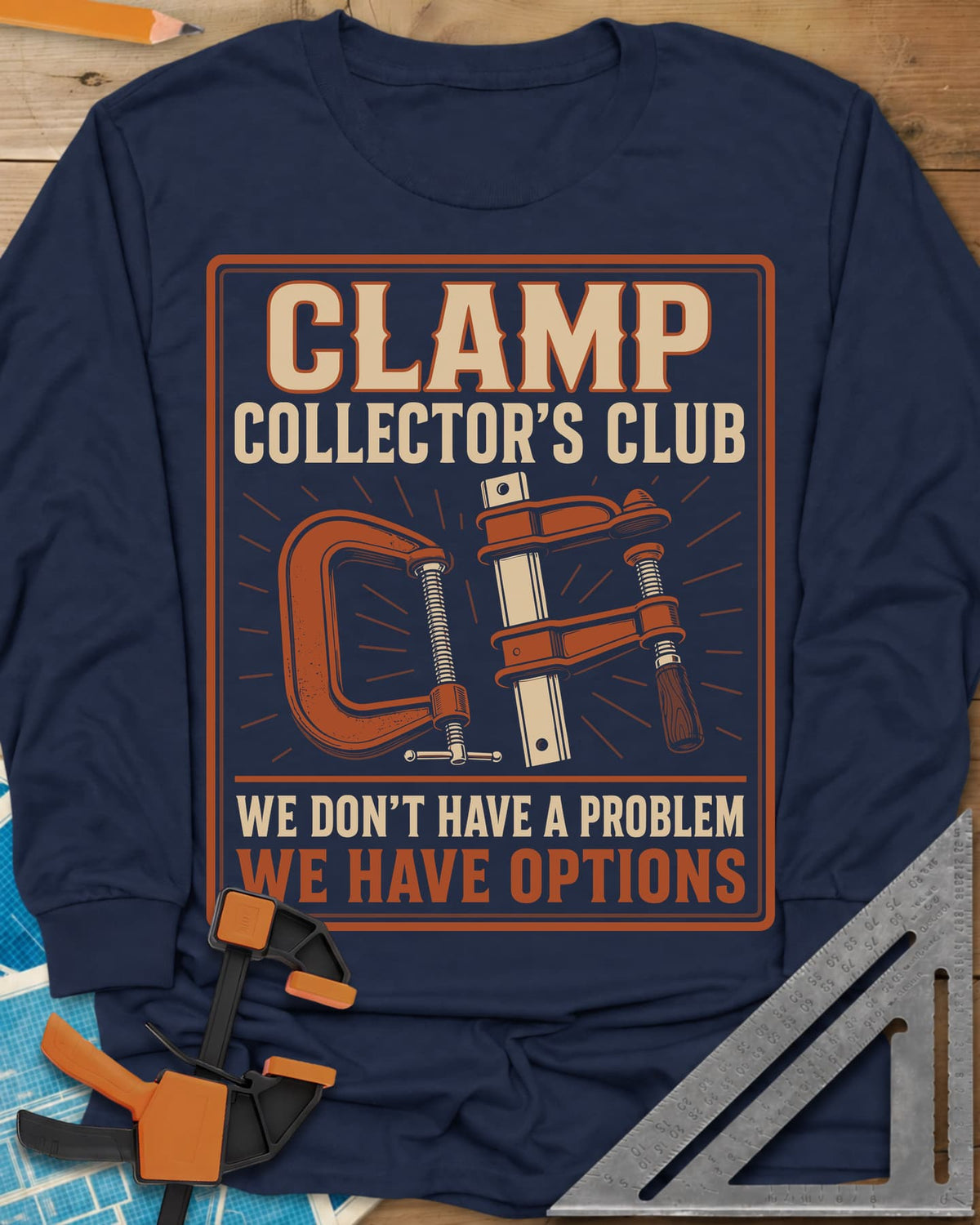 Clamp Collectors Options long sleeve shirt in Navy, framed club badge with a rust C-clamp and a bar clamp