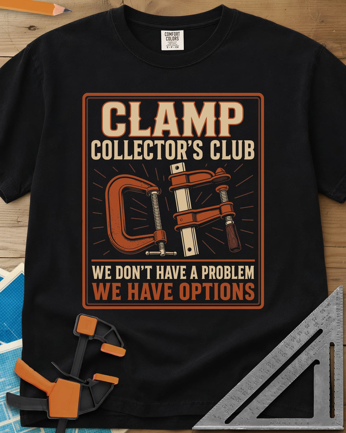 Clamp Collectors Options heavyweight tee in Black, framed club badge with a rust C-clamp and a bar clamp