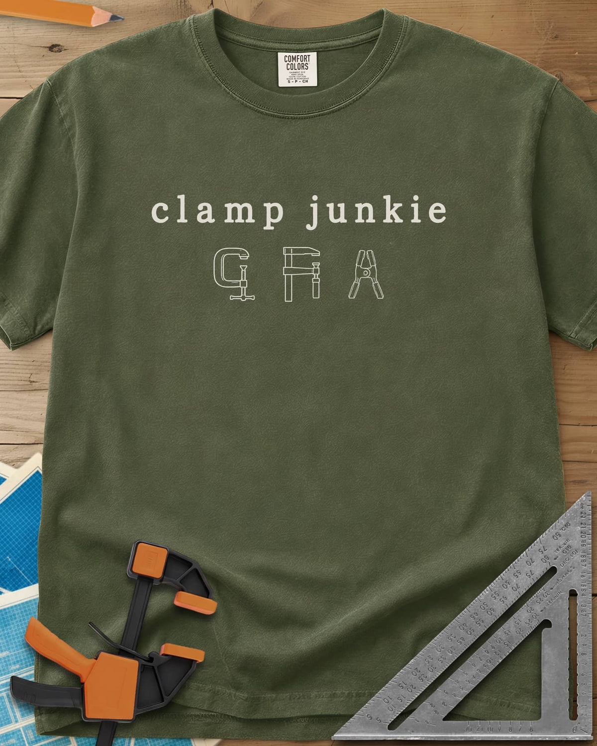 Clamp Junkie heavyweight tee in Hemp, outline drawings of a C-clamp, a bar clamp and a spring clamp