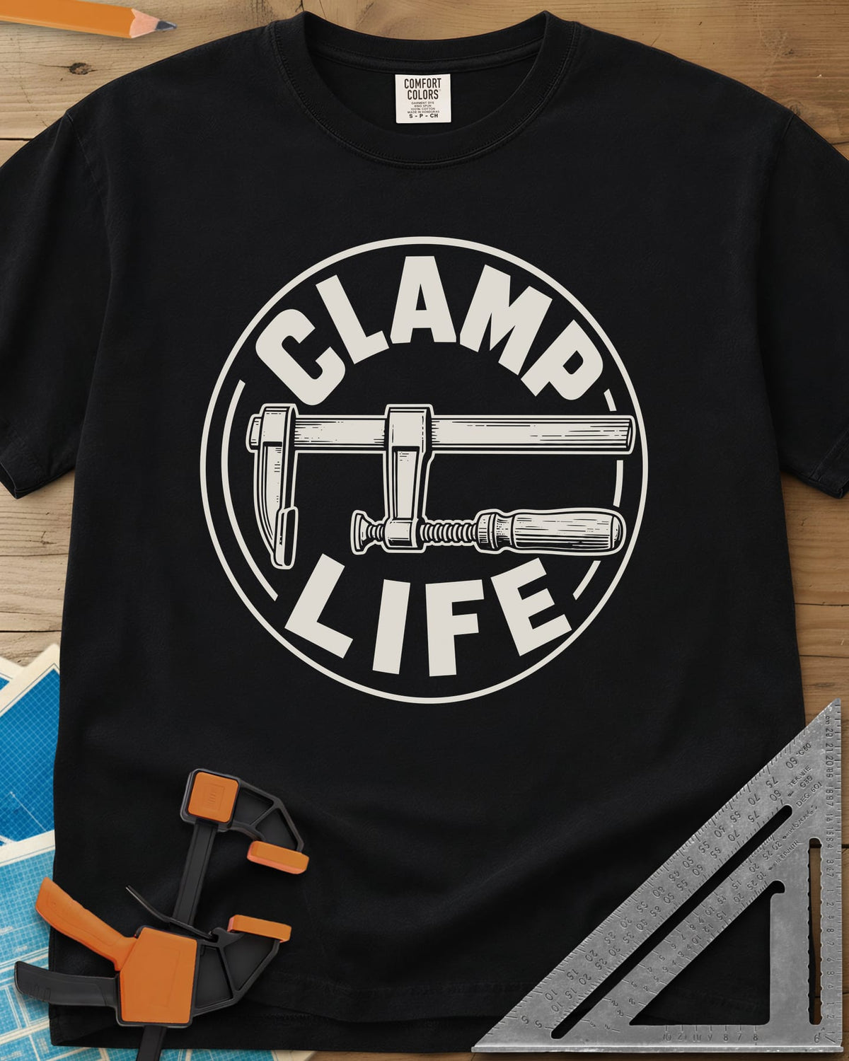 Clamp Life heavyweight tee in Black, a wood-handled bar clamp inside a round badge