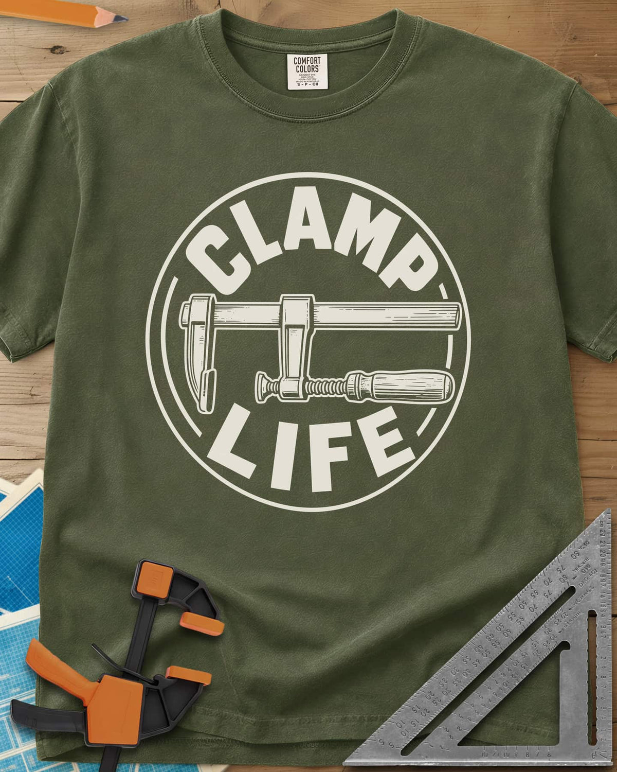 Clamp Life heavyweight tee in Hemp, a wood-handled bar clamp inside a round badge