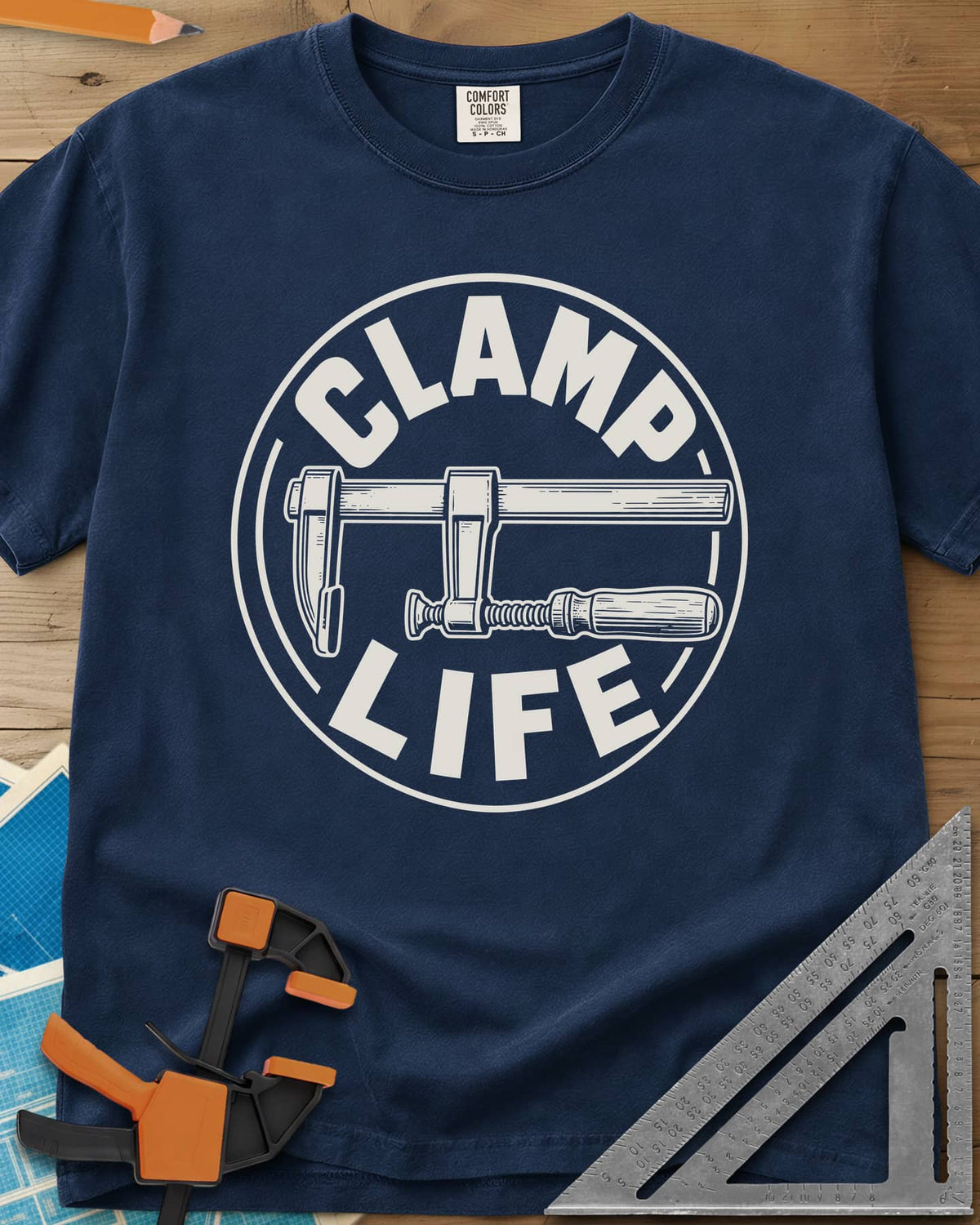 Clamp Life heavyweight tee in Navy, a wood-handled bar clamp inside a round badge