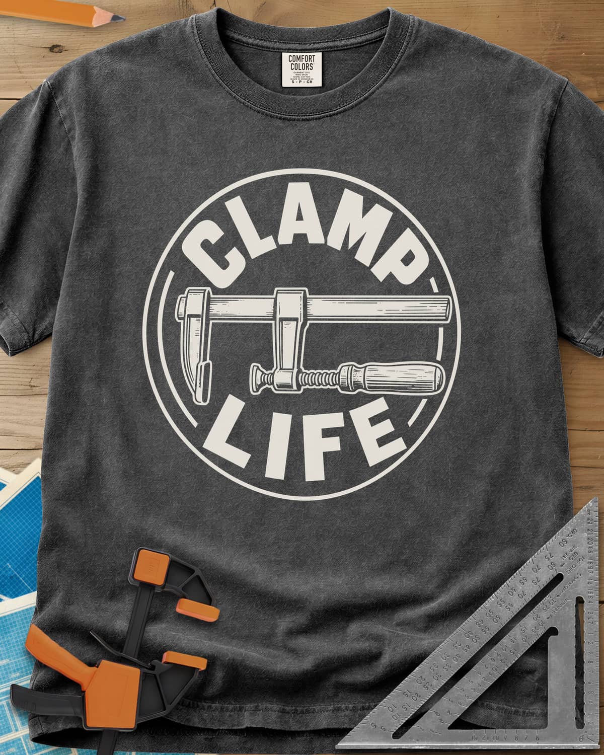 Clamp Life heavyweight tee in Pepper, a wood-handled bar clamp inside a round badge