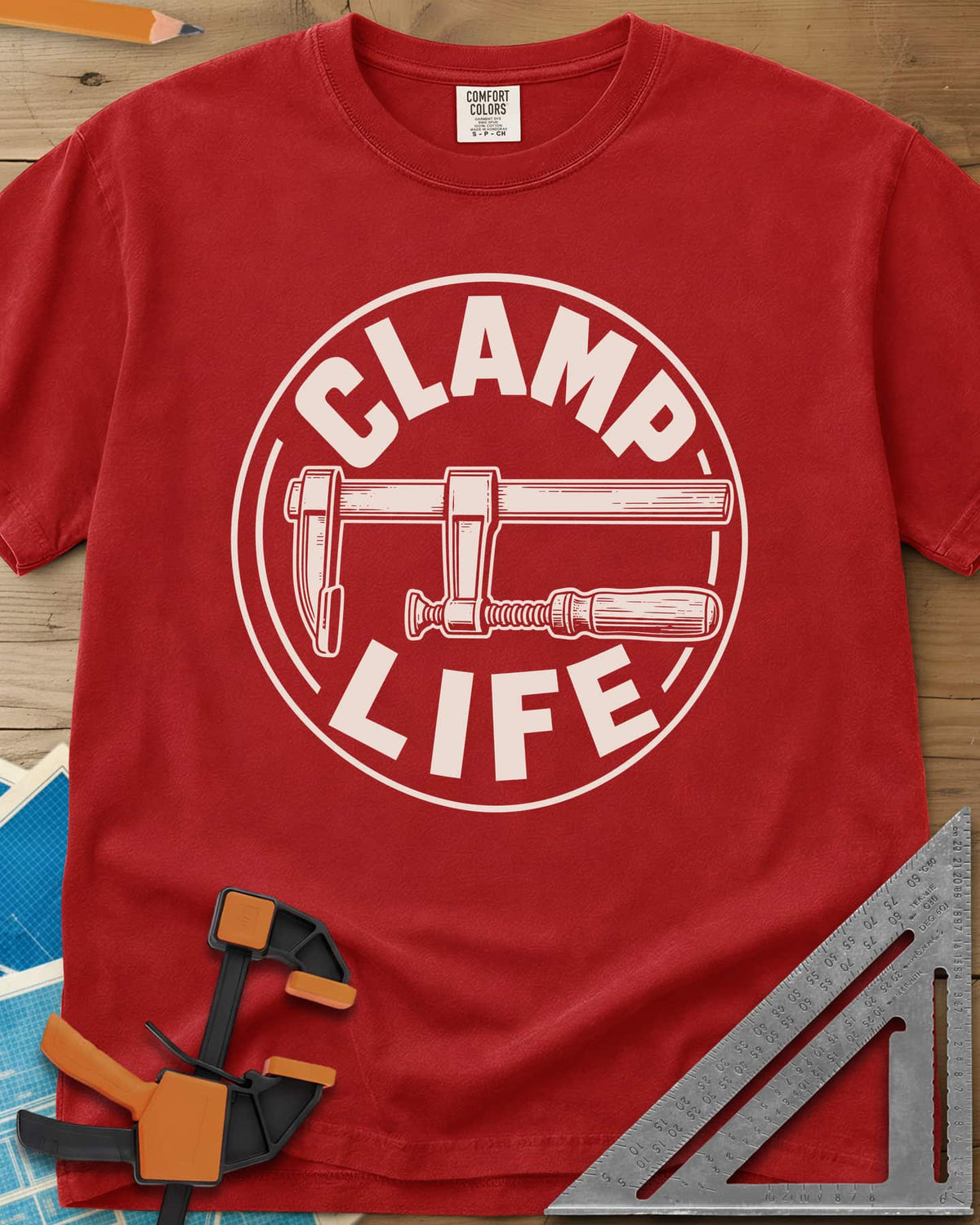 Clamp Life heavyweight tee in Red, a wood-handled bar clamp inside a round badge