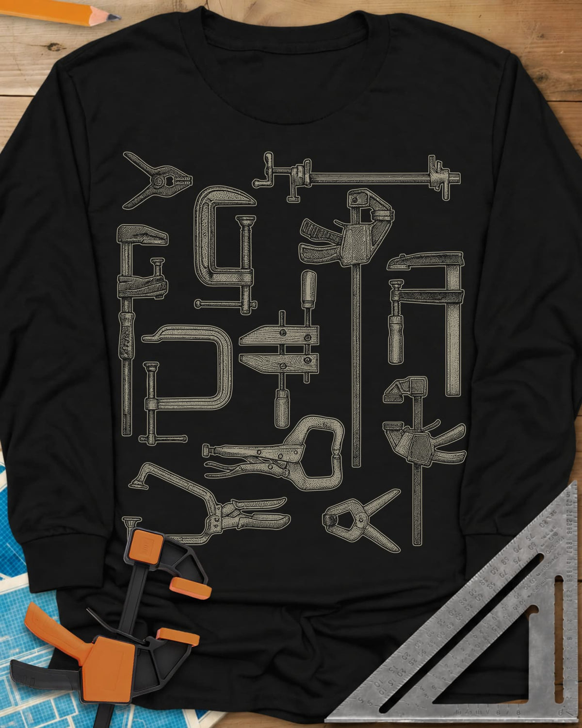 Clamps Collage long sleeve shirt in Black, a dozen engraved-style clamps of different types