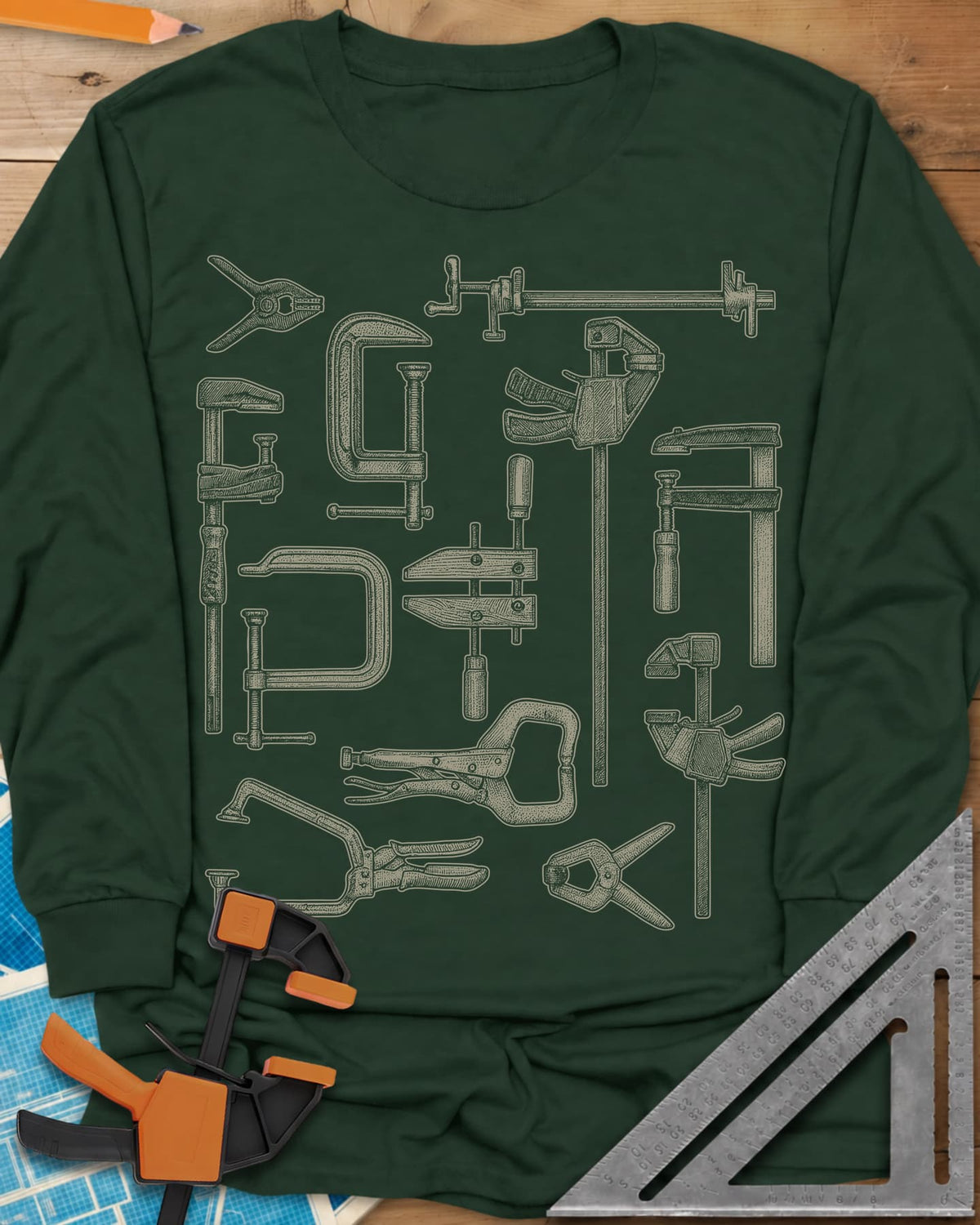 Clamps Collage long sleeve shirt in Forest Green, a dozen engraved-style clamps of different types