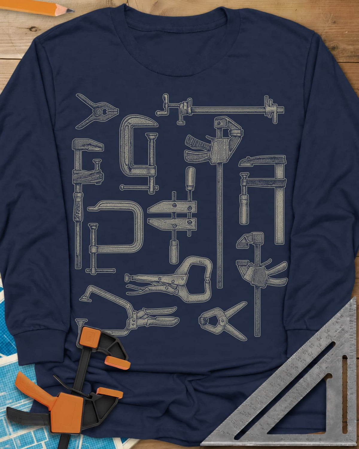 Clamps Collage long sleeve shirt in Navy, a dozen engraved-style clamps of different types