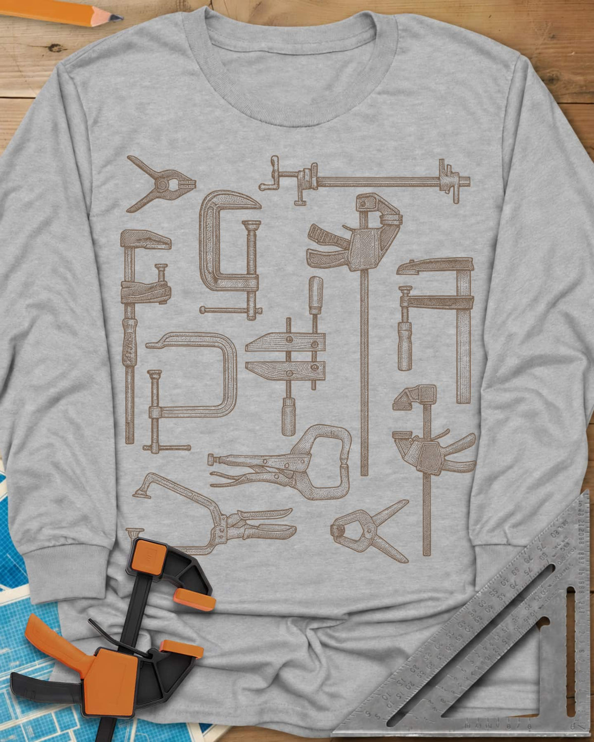 Clamps Collage long sleeve shirt in Sport Grey, a dozen engraved-style clamps of different types
