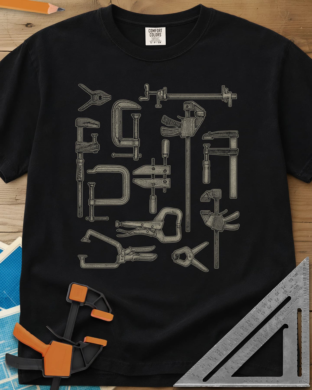 Clamps Collage heavyweight tee in Black, a dozen engraved-style clamps of different types