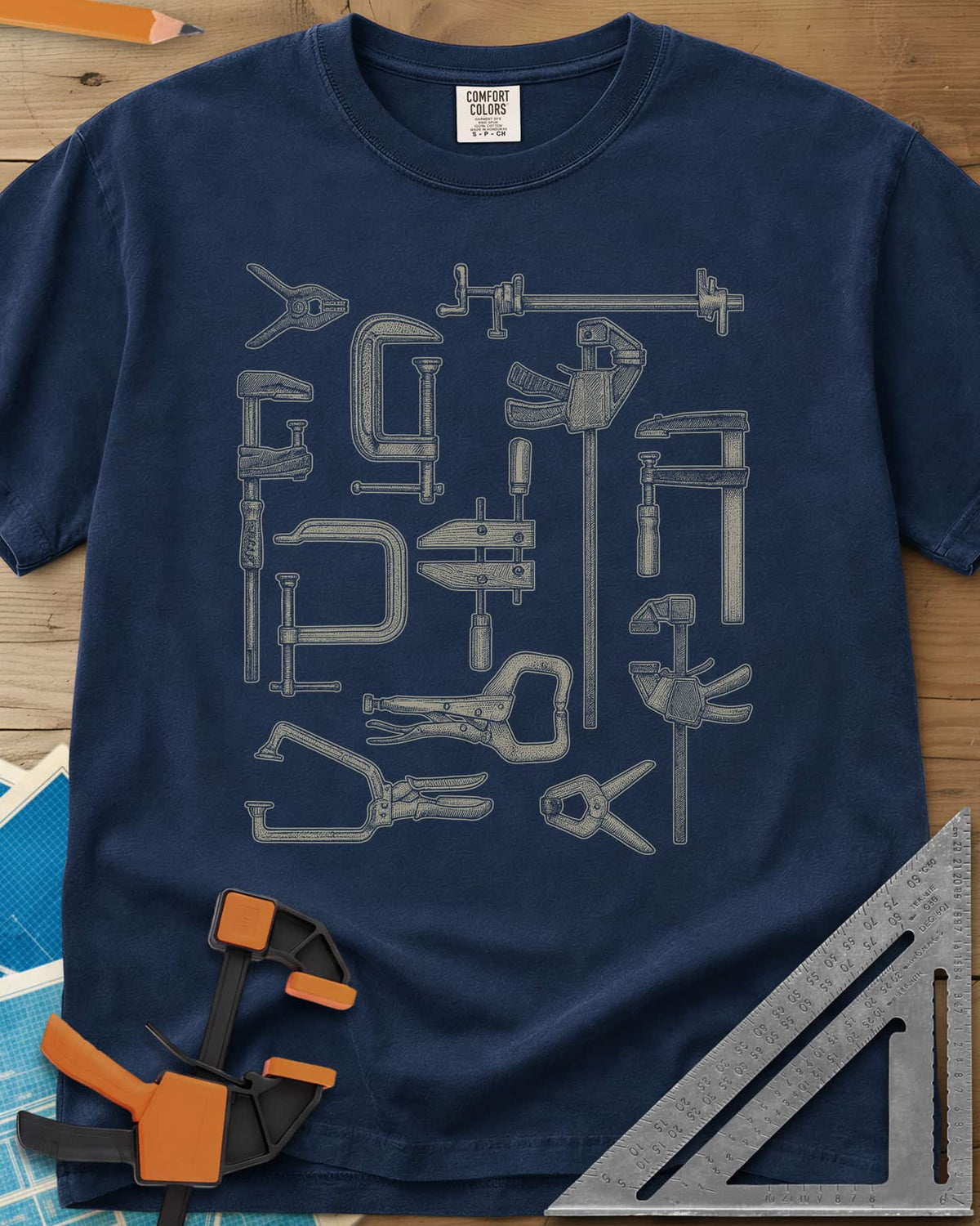 Clamps Collage heavyweight tee in Navy, a dozen engraved-style clamps of different types