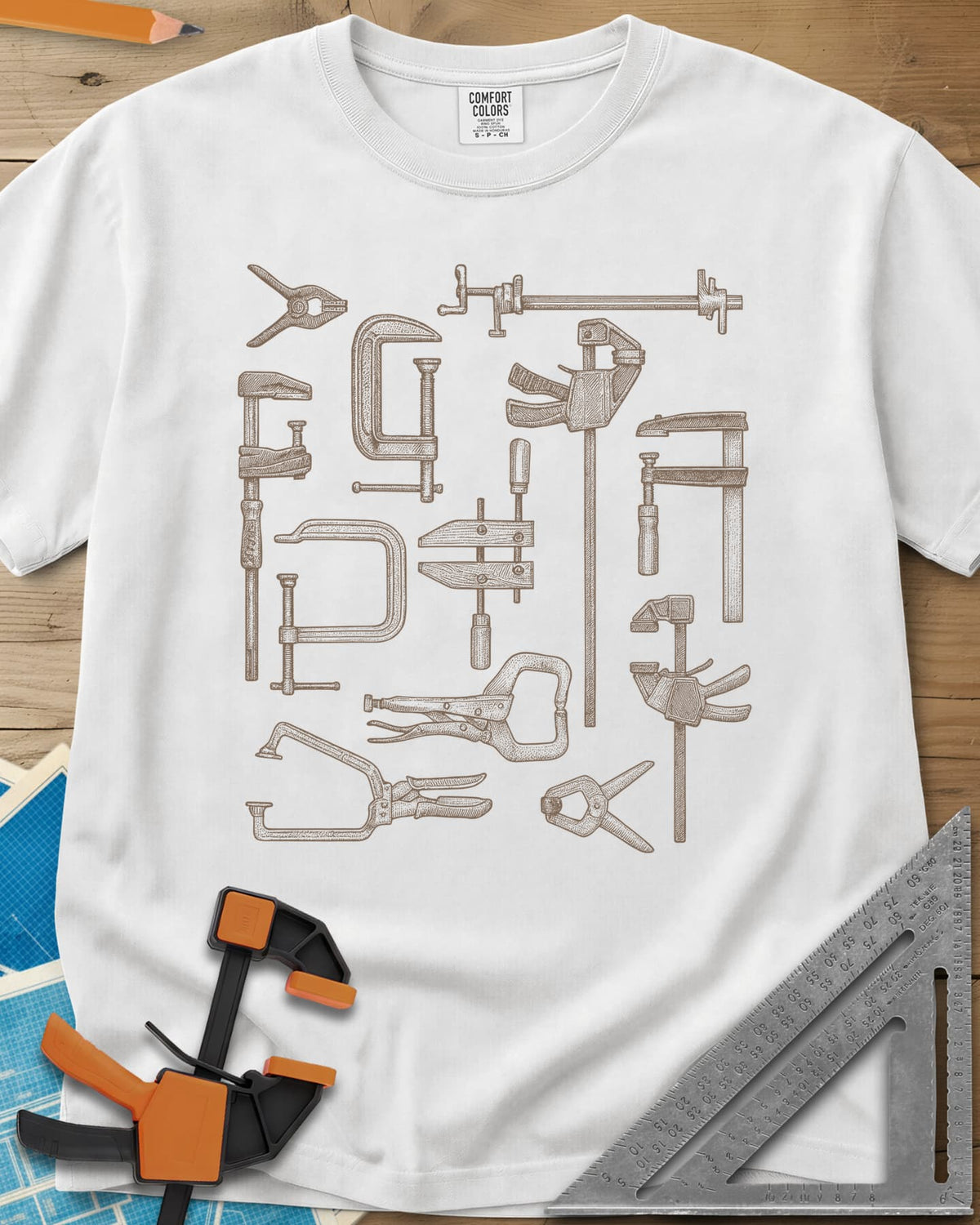 Clamps Collage heavyweight tee in White, a dozen engraved-style clamps of different types