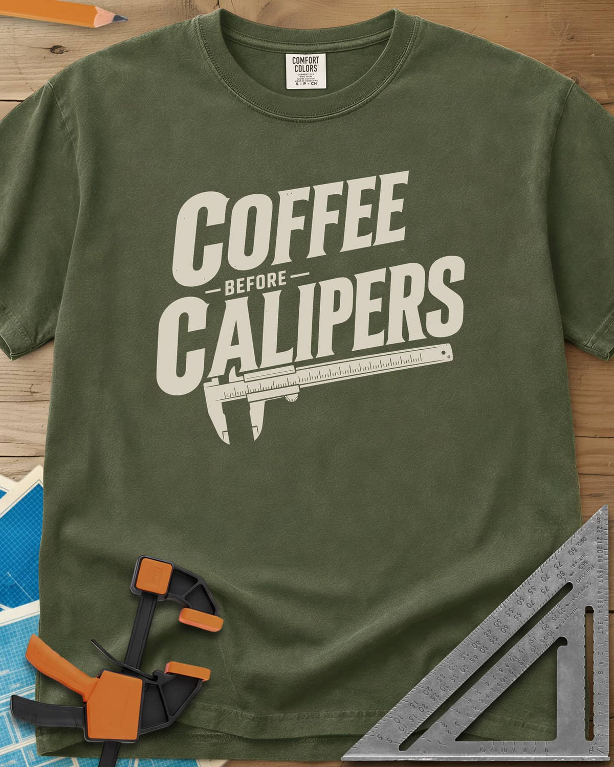 Coffee First heavyweight tee in Hemp, bold slanted lettering with an orange vernier caliper below