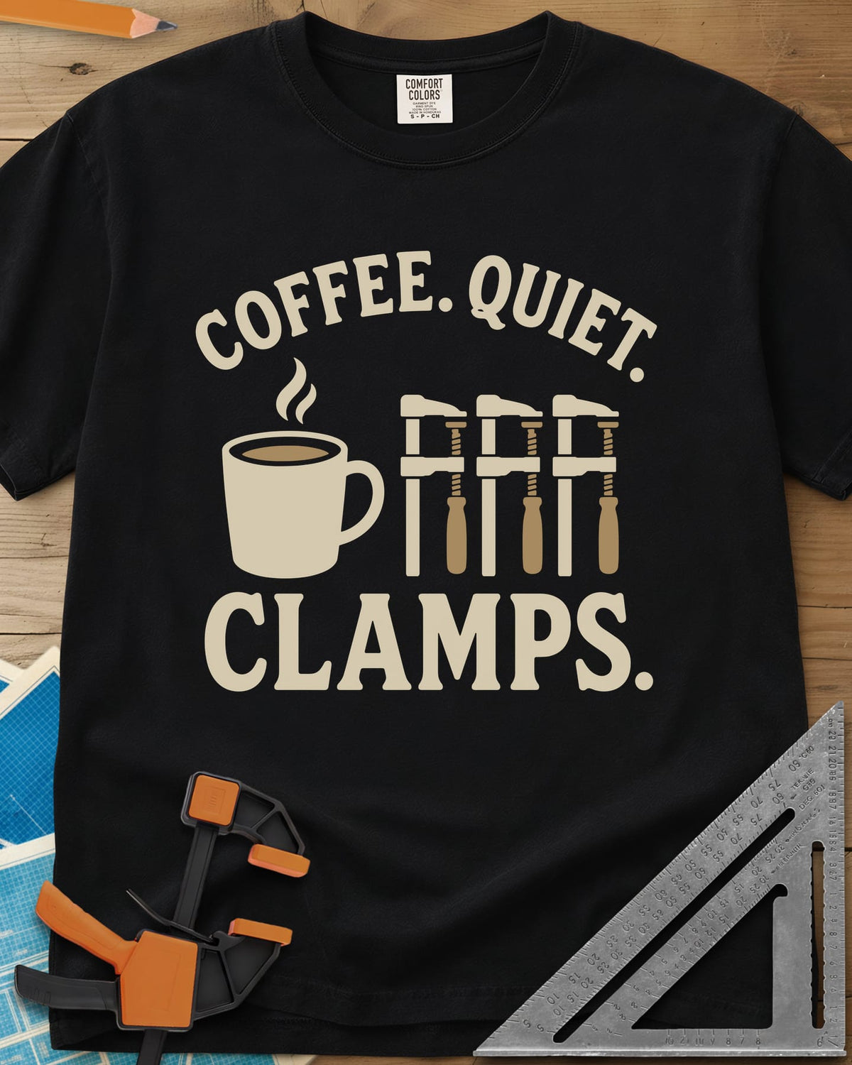 Coffee Quiet Clamps heavyweight tee in Black, a steaming mug beside three matching bar clamps