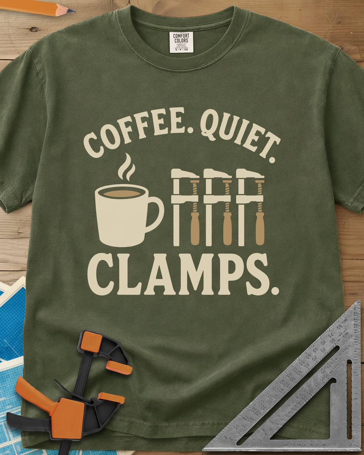 Coffee Quiet Clamps heavyweight tee in Hemp, a steaming mug beside three matching bar clamps
