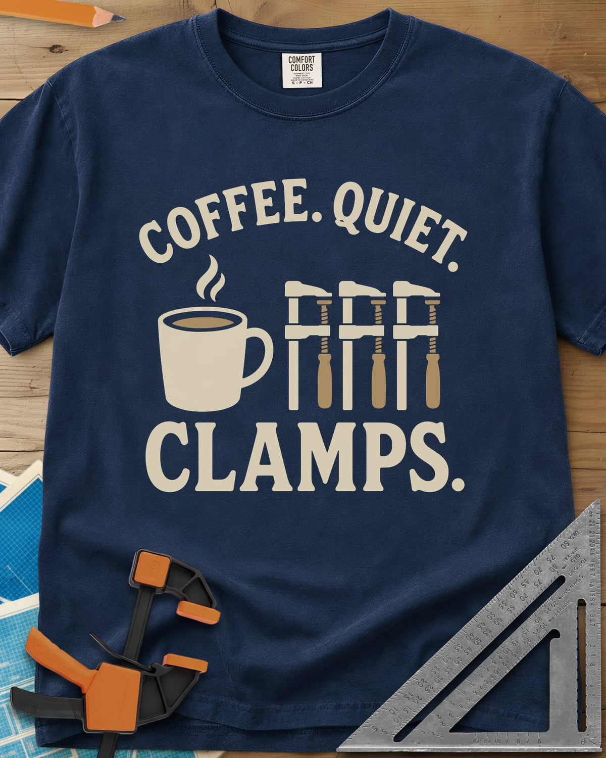 Coffee Quiet Clamps heavyweight tee in Navy, a steaming mug beside three matching bar clamps