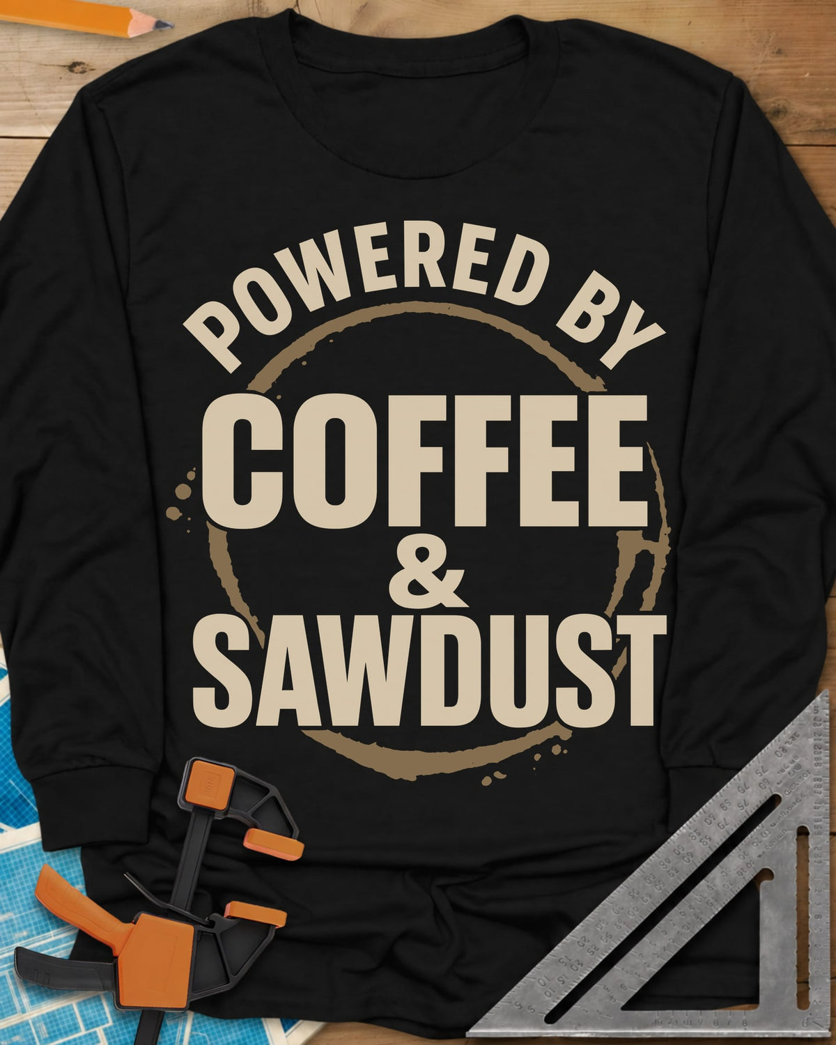 Coffee & Sawdust long sleeve shirt in Black, stacked lettering inside a brown coffee-ring stain