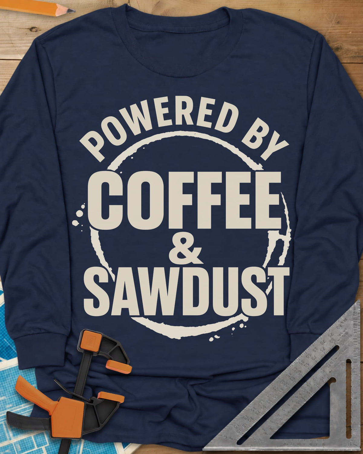 Coffee & Sawdust long sleeve shirt in Navy, stacked lettering inside a brown coffee-ring stain