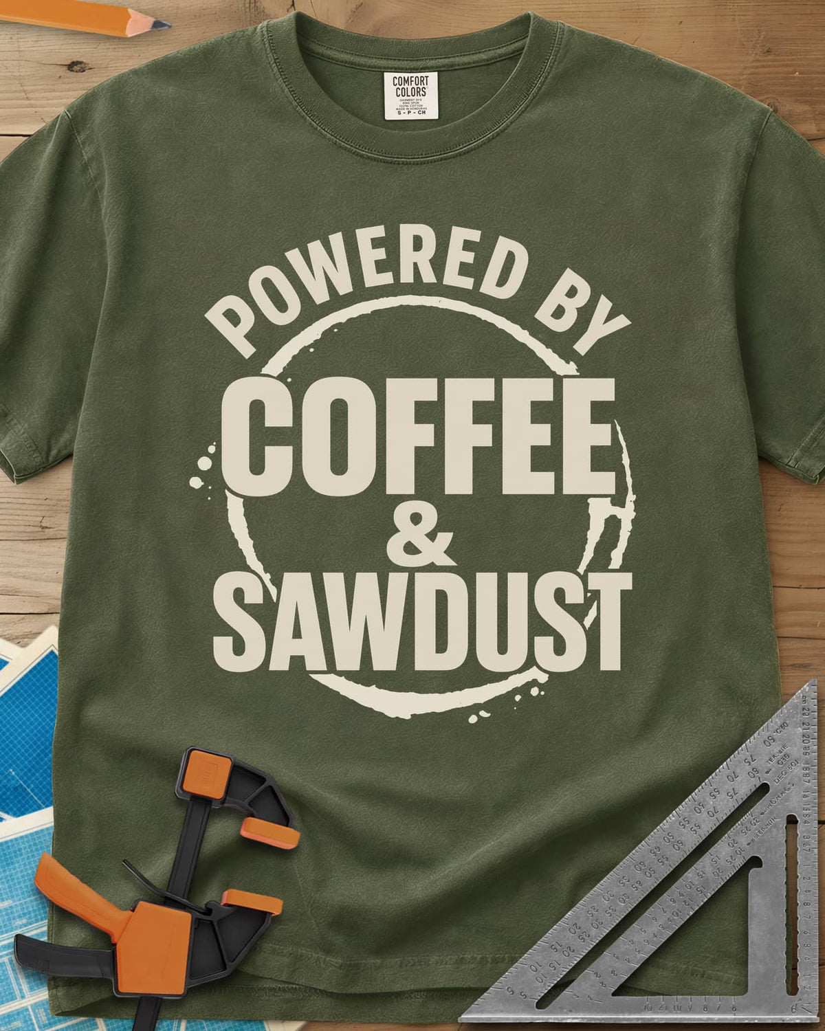 Coffee & Sawdust heavyweight tee in Hemp, stacked lettering inside a brown coffee-ring stain