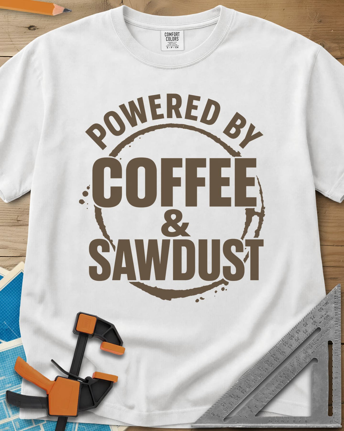 Coffee & Sawdust heavyweight tee in White, stacked lettering inside a brown coffee-ring stain