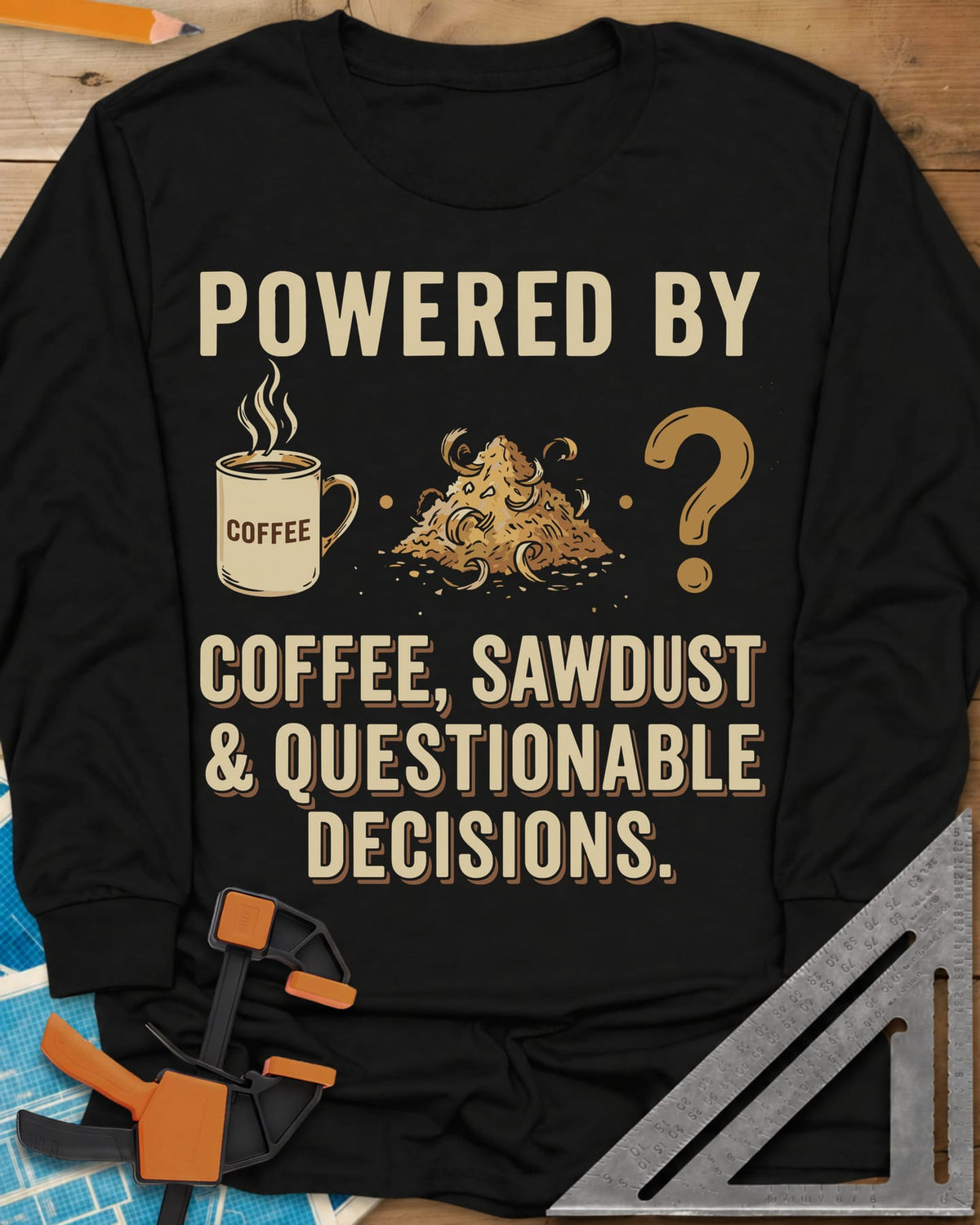 Coffee Sawdust & Questionable Decisions long sleeve shirt in Black, a coffee mug, a sawdust pile and a question mark