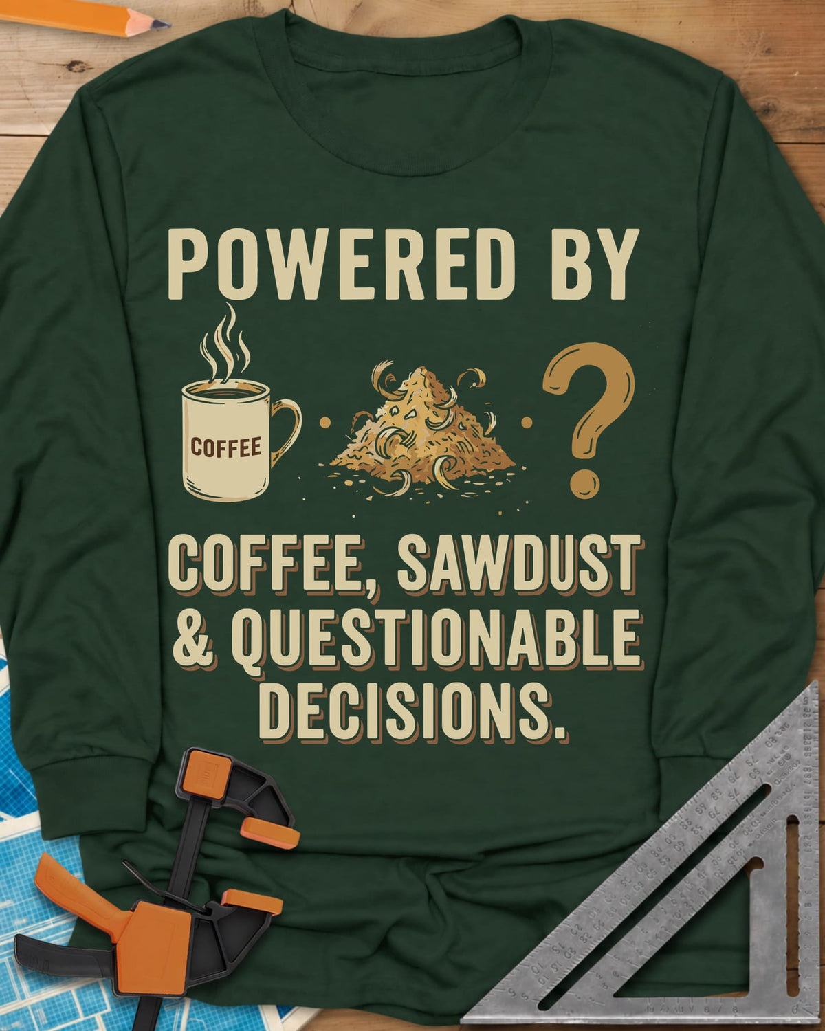 Coffee Sawdust & Questionable Decisions long sleeve shirt in Forest Green, a coffee mug, a sawdust pile and a question mark