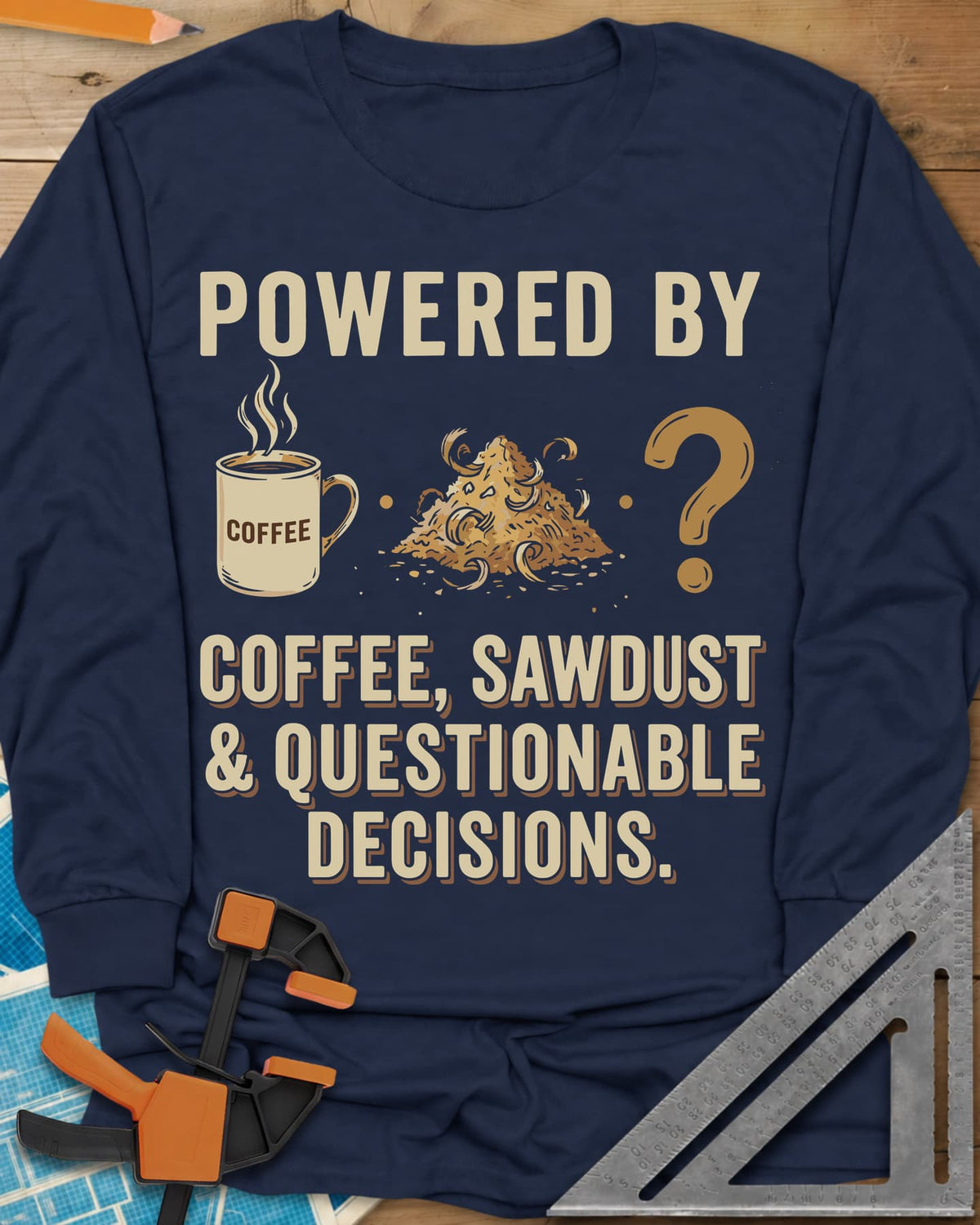 Coffee Sawdust & Questionable Decisions long sleeve shirt in Navy, a coffee mug, a sawdust pile and a question mark