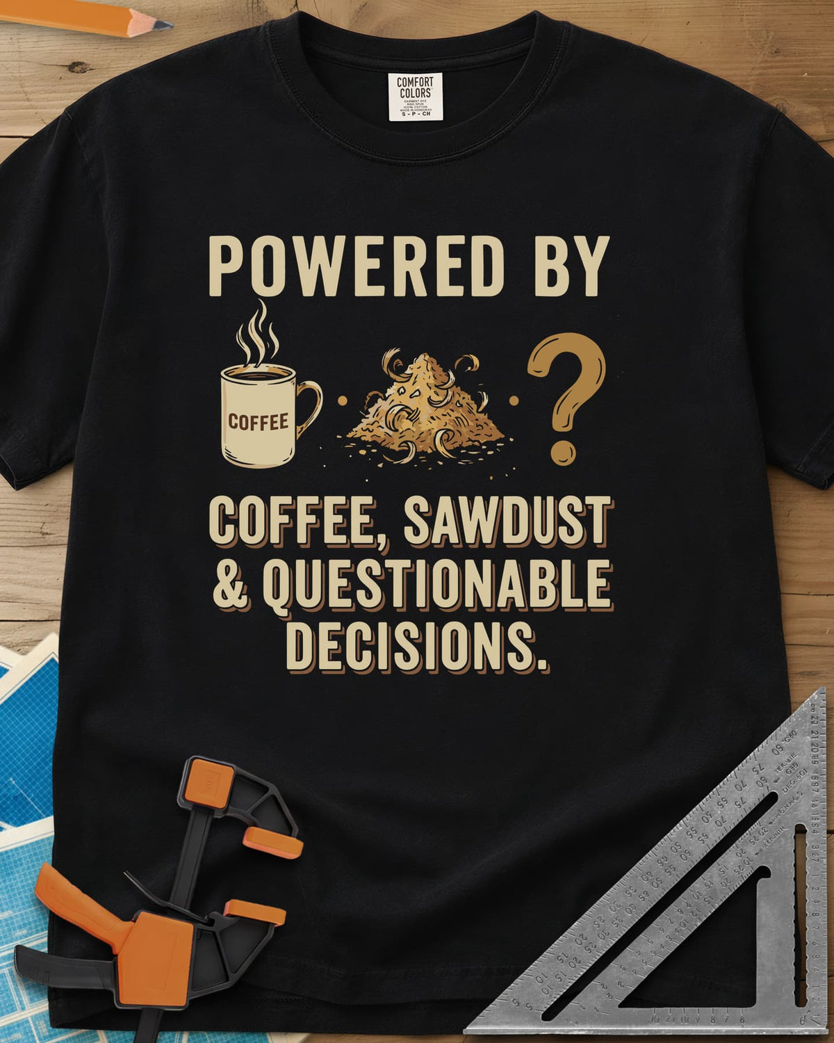 Coffee Sawdust & Questionable Decisions heavyweight tee in Black, a coffee mug, a sawdust pile and a question mark