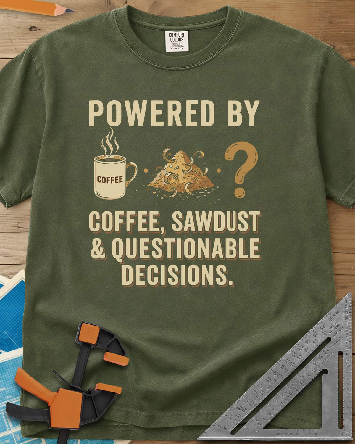 Coffee Sawdust & Questionable Decisions heavyweight tee in Hemp, a coffee mug, a sawdust pile and a question mark