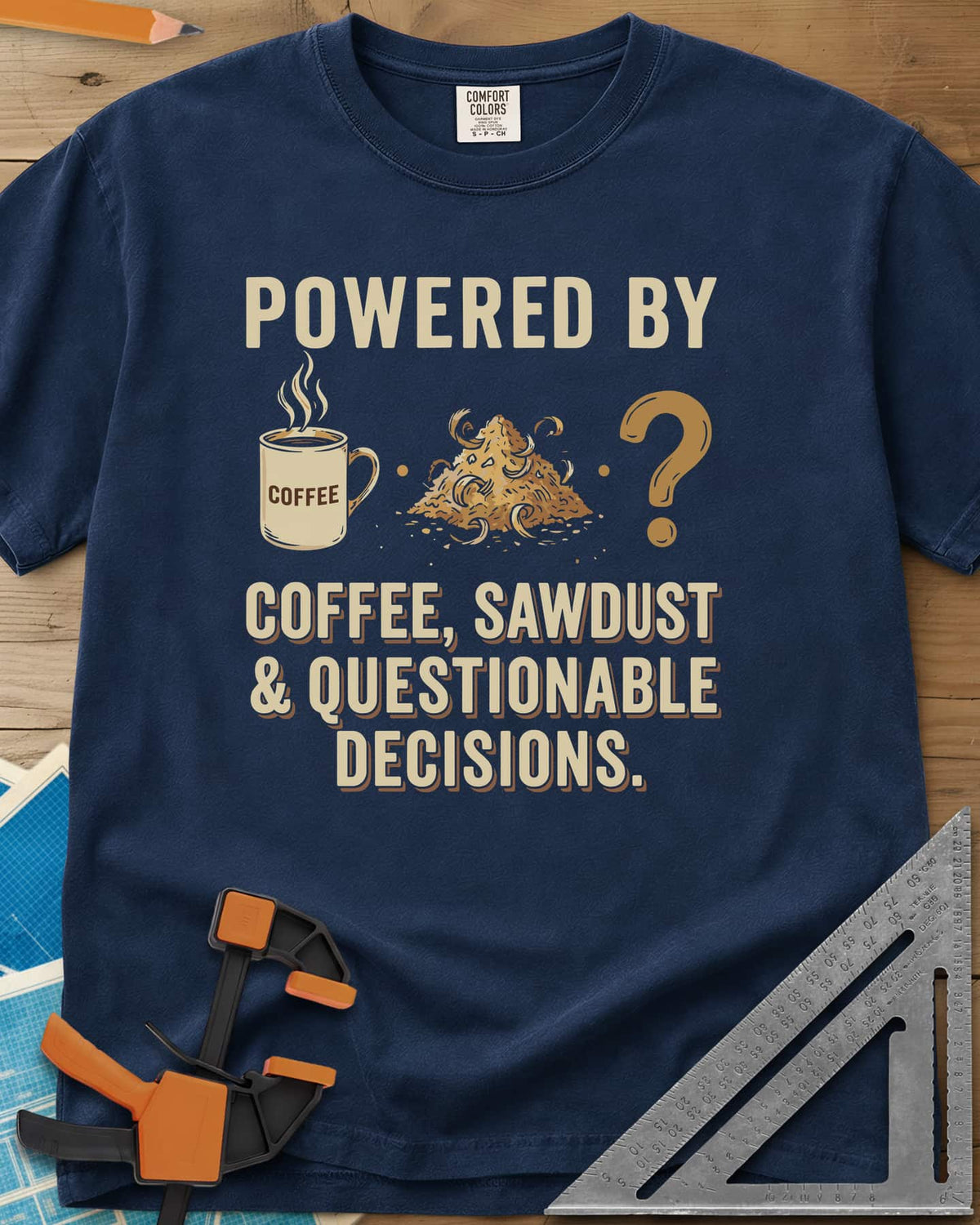 Coffee Sawdust & Questionable Decisions heavyweight tee in Navy, a coffee mug, a sawdust pile and a question mark