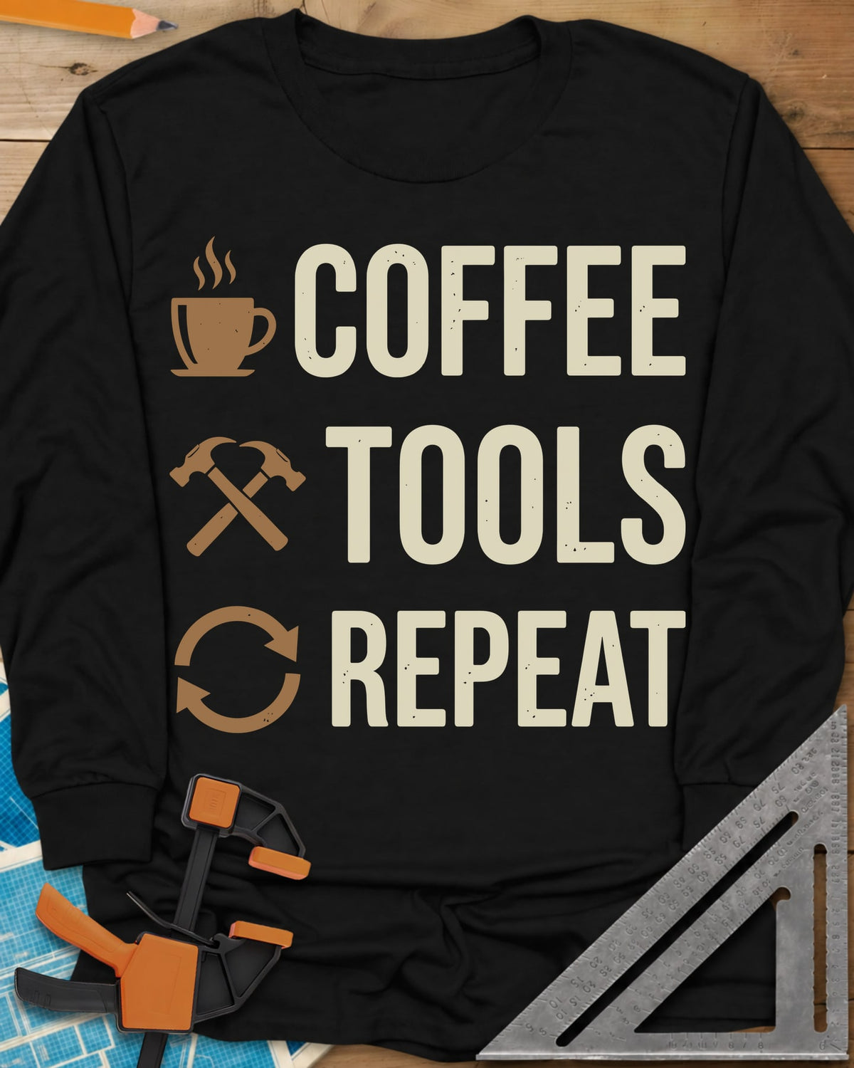 Coffee Tools Repeat long sleeve shirt in Black, a steaming cup, crossed hammers and loop arrows beside the words